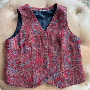 Vintage Red Paisley Woven Vest Boho Textured Button Front Large/XL